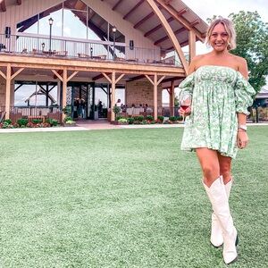 Misa Los Angeles off the shoulder green/ white dress